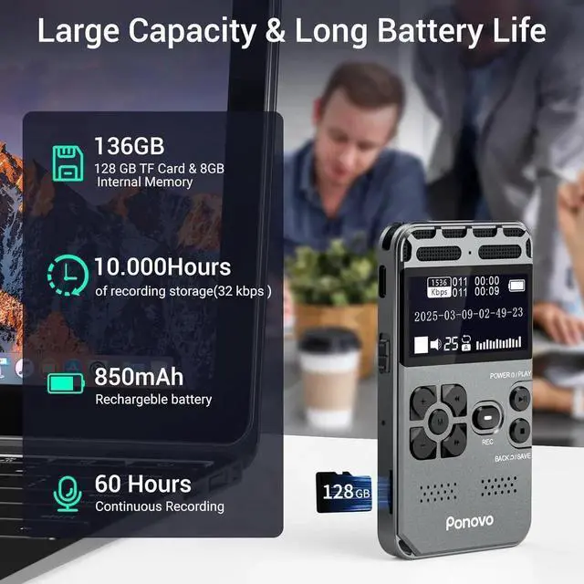 Alt view image 5 of 7 - 136GB Digital Voice Recorder with Playback, 1536Kbps Dual Microphone Stereo Audio Activated Recorder, Ultra-Slim Mini Recording Device with Noise Reduction for Lectures, Interviews, Meetings