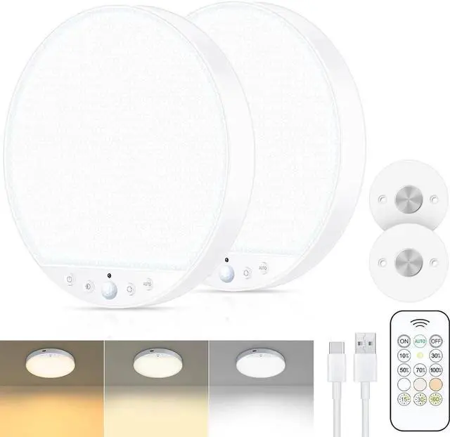 Main image of Recharge 8W Motion Sensor Ceiling Light Indoor, Wireless Magnetic Stick-On, Remote Control for Color & Brightness, Battery Operated Light for Shower, Closet, Bathroom, Pantry, Hallway, 2-Pack