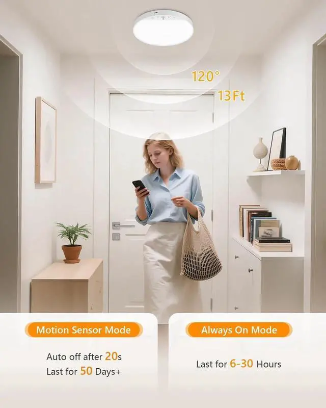 Alt view image 5 of 7 - Recharge 8W Motion Sensor Ceiling Light Indoor, Wireless Magnetic Stick-On, Remote Control for Color & Brightness, Battery Operated Light for Shower, Closet, Bathroom, Pantry, Hallway, 2-Pack