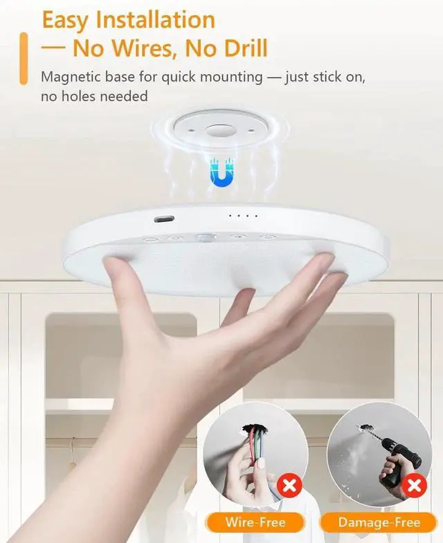 Alt view image 3 of 7 - Recharge 8W Motion Sensor Ceiling Light Indoor, Wireless Magnetic Stick-On, Remote Control for Color & Brightness, Battery Operated Light for Shower, Closet, Bathroom, Pantry, Hallway, 2-Pack