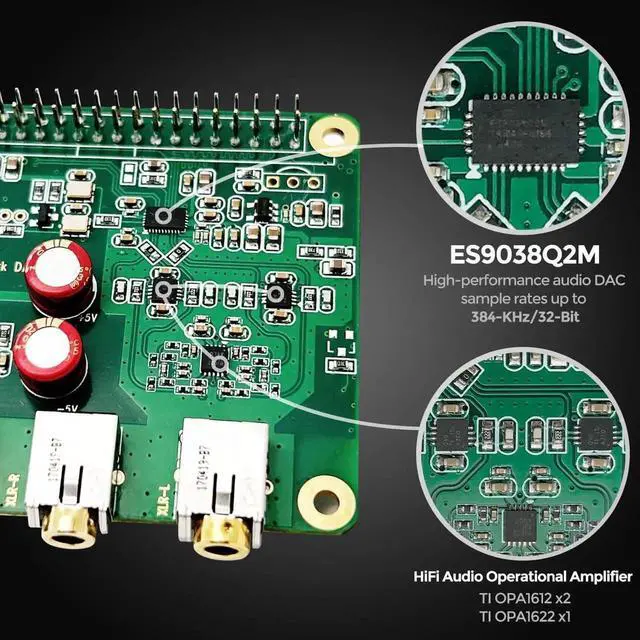 Alt view image 7 of 7 - Hi DAC Pro Hat with ES9038Q2M Chip for Raspberry Pi 5/4/3B+/3B/Zero - High-Resolution 384KHz/32bit & DSD512 Audio Card, DAC Converter for Volumio, Moode, Headphone & Balanced Output