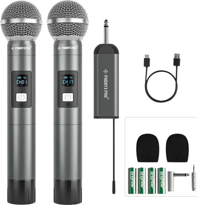 Main image of Dual Digital Wireless Microphone System, w/2 Handheld Dynamic Microphones,15 UHF Frequency Groups, Mini Receiver, Metal Cordless Mic for Karaoke,Church,DJ,Singing (PDP-2-2H)