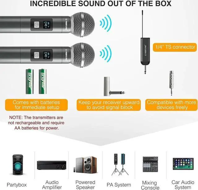 Alt view image 6 of 6 - Dual Digital Wireless Microphone System, w/2 Handheld Dynamic Microphones,15 UHF Frequency Groups, Mini Receiver, Metal Cordless Mic for Karaoke,Church,DJ,Singing (PDP-2-2H)