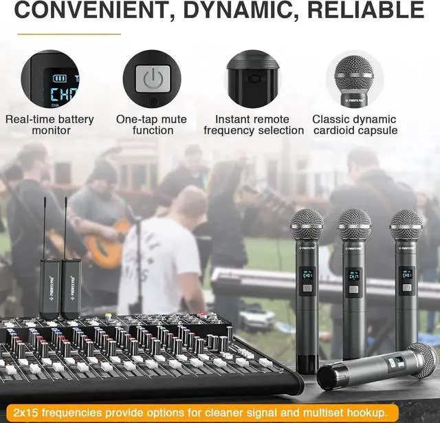 Alt view image 2 of 6 - Dual Digital Wireless Microphone System, w/2 Handheld Dynamic Microphones,15 UHF Frequency Groups, Mini Receiver, Metal Cordless Mic for Karaoke,Church,DJ,Singing (PDP-2-2H)