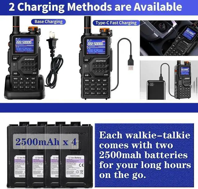 Alt view image 7 of 7 - K5PLUS Tri Band Ham Radio Handheld,Walkie Talkies Long Range NOAA Weather Receiver High Power Two Way Radios with One Key Frequency Match,USB C Charger,999CH with Extra 2500mAh Battery 2 Pack