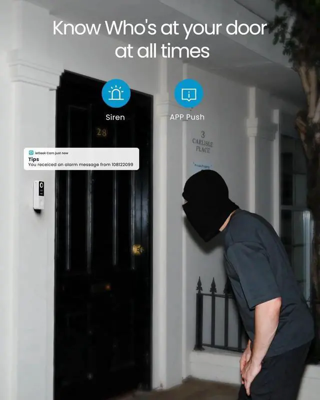 Alt view image 2 of 7 - Doorbell Camera Wireless No Subscription, 3MP Video Doorbell with Chime, 180° Head to Toe View, 2-Way Talk Voice Changer, AI Motion Detection Night Vision, Only 2.4GHz WiFi, Works with Alexa