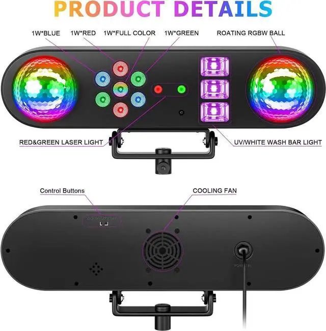 Alt view image 4 of 7 - DJ Lights with Stand,5 in 1 Dj Lights for Parties Disco Ball Stage Party Light Set with Sound Activated Control, UV,Strobe, Dyeing, Led Par Light and Pattern Lighting for Bar Wedding Christmas-1PC