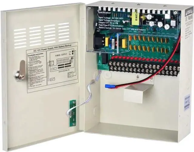 Main image of 18 Channel 12V 10Amp DC Metal Boxed Cabinet Regulated UPS Power Supply Unit with Backup Battery Link for Burglar Alarms CCTV Cameras PTZ Access Control (Battery Not Included)