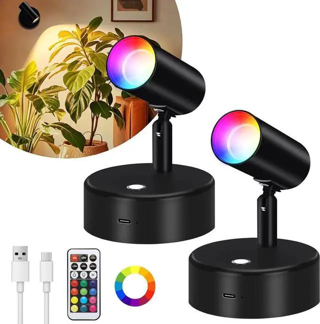 Main image of RGBW Spot Lights Indoor 5500mAh Recharge Uplighting with Remote, 13 Color Changing LED Wireless Spotlight Indoor, Dimm Battery Operated Spotlight for Plant Picture Py Decor, 2 Pack