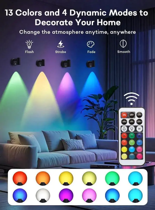 Alt view image 3 of 7 - RGBW Spot Lights Indoor 5500mAh Recharge Uplighting with Remote, 13 Color Changing LED Wireless Spotlight Indoor, Dimm Battery Operated Spotlight for Plant Picture Py Decor, 2 Pack