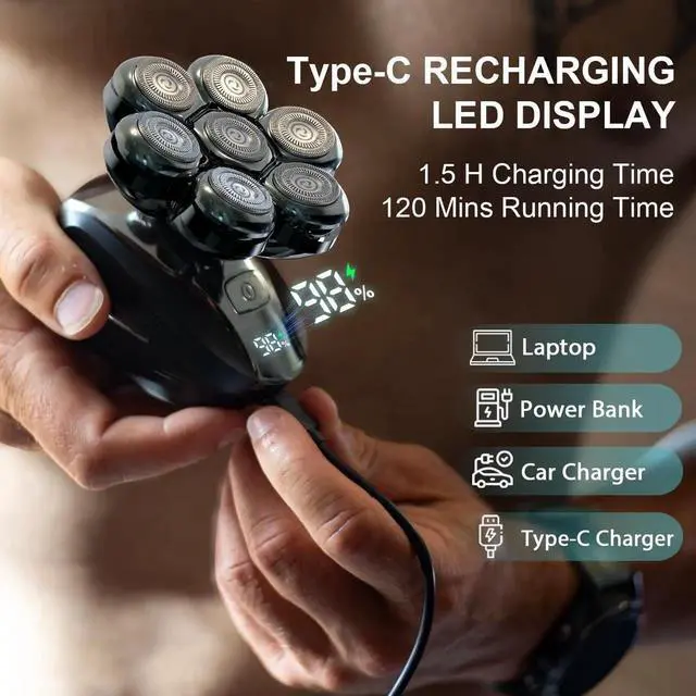 Alt view image 6 of 7 - Head Shavers for Bald Men: Upgraded Detachable Head Shaver - IPX7 Waterproof Wet or Dry Electric Razor for Men - 7D LED Display Rechargeable Shaving Grooming Kit with Type-C Charge