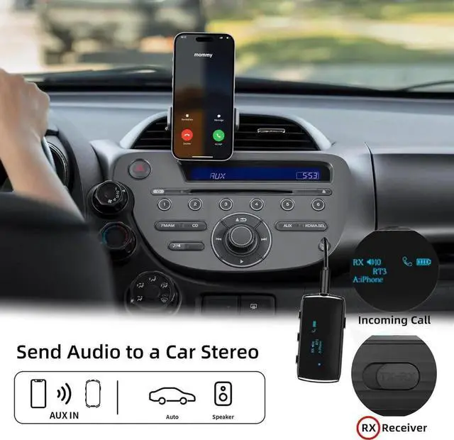 Alt view image 3 of 6 - Bluetooth Transmitter Receiver for 2 AirPods/Headphones, Flight 5.2 Adapter Airplane, TV, and Gym with a 3.5mm Audio Jack, Wireless BT Mic Car/Home Stereo