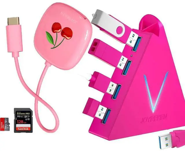 Main image of JoyReken 4-Port USB 3.0 Hub, Hot Pink + USB C SD Card Reader, Pink, for iPhone 15, iPad Pro, MacBook, Galaxy S20-S24
