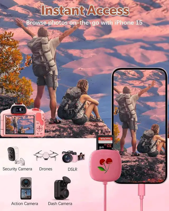 Alt view image 5 of 5 - JoyReken 4-Port USB 3.0 Hub, Hot Pink + USB C SD Card Reader, Pink, for iPhone 15, iPad Pro, MacBook, Galaxy S20-S24