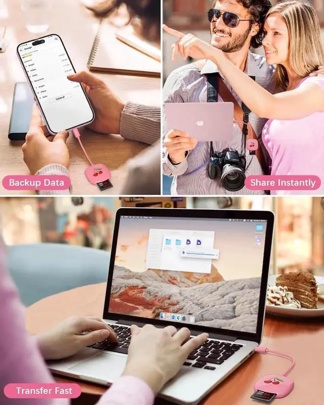 Alt view image 3 of 5 - JoyReken 4-Port USB 3.0 Hub, Hot Pink + USB C SD Card Reader, Pink, for iPhone 15, iPad Pro, MacBook, Galaxy S20-S24