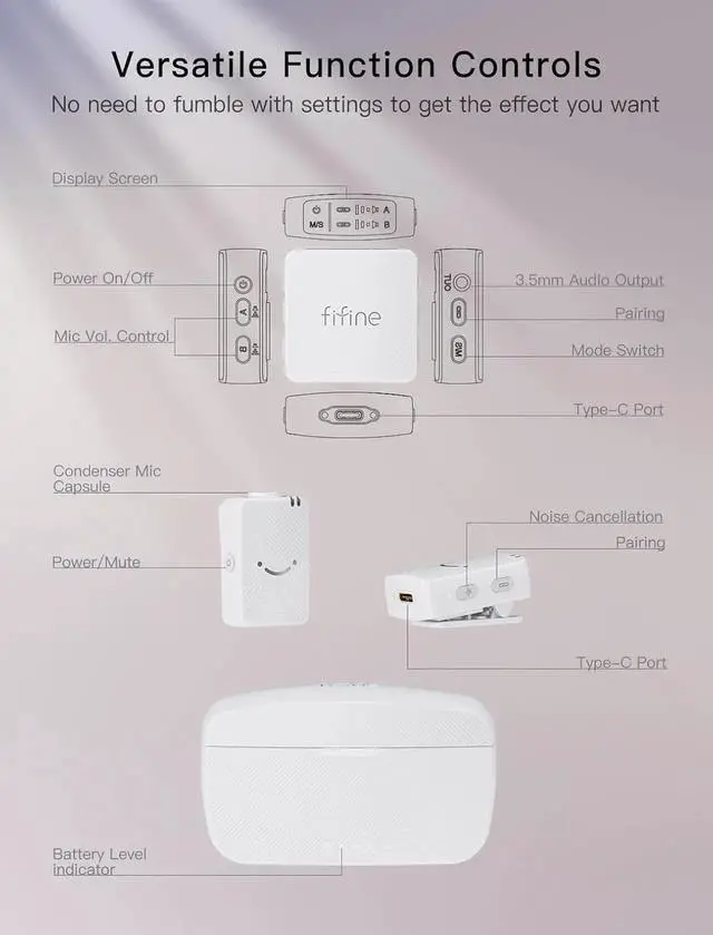 Alt view image 2 of 7 - Wireless Lavalier Microphone System, Lapel Dual Microphones Clip-on for Video Recording, Vlog, Interview, Podcast Mic Kit Compatible for iPhone, Camera, Smartphone, 30H Battery Life-M9 White