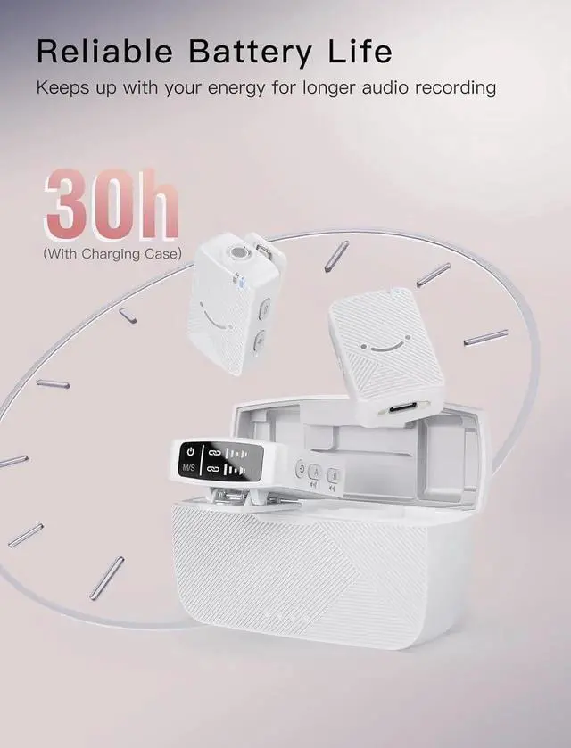 Alt view image 3 of 7 - Wireless Lavalier Microphone System, Lapel Dual Microphones Clip-on for Video Recording, Vlog, Interview, Podcast Mic Kit Compatible for iPhone, Camera, Smartphone, 30H Battery Life-M9 White