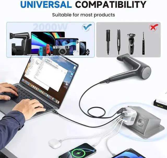 Alt view image 5 of 7 - Voltage Converter US to Europe, 2000W Power Converter European Travel Converter for Hair Dryer, 220V to 110V Converter, Power Converter Adapter Combo with 4 USB Ports, White