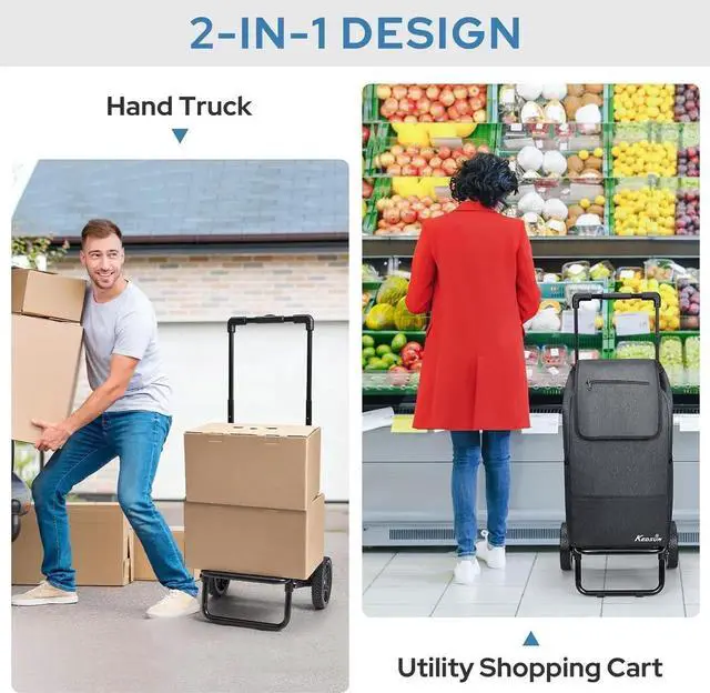 Alt view image 2 of 7 - 2 in 1 Shopping Cart for Groceries, 330 lbs Grocery Cart on Wheels, Foldable Utility Carts with Wheels, Hand Truck with Waterproof Tote Bag for Shopping, School, Laundry, Craft Show, Black