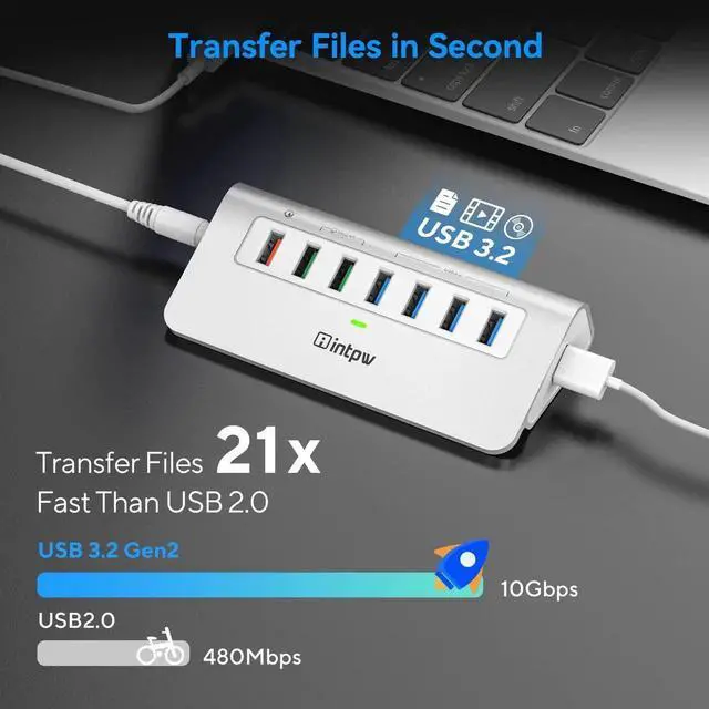 Alt view image 5 of 5 - intpw Powered USB Hub 10Gbps, Aluminum 7 Port USB 3.2 Data Hub with 4 USB 3.2 Gen 2 Ports, 3 Fast Charging Ports, 30W Power Adapter, Type A & C Cable for Mac, PC, Laptop