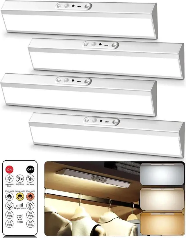 Main image of Motion Sensor Closet Lights, Eye Protection Design Under Cabinet Lighting Wireless with Remote Control, 3 Color Temps & Dimm, Recharge Closet Lights for Kitchen, Wardrobe, Shelf, Pantry
