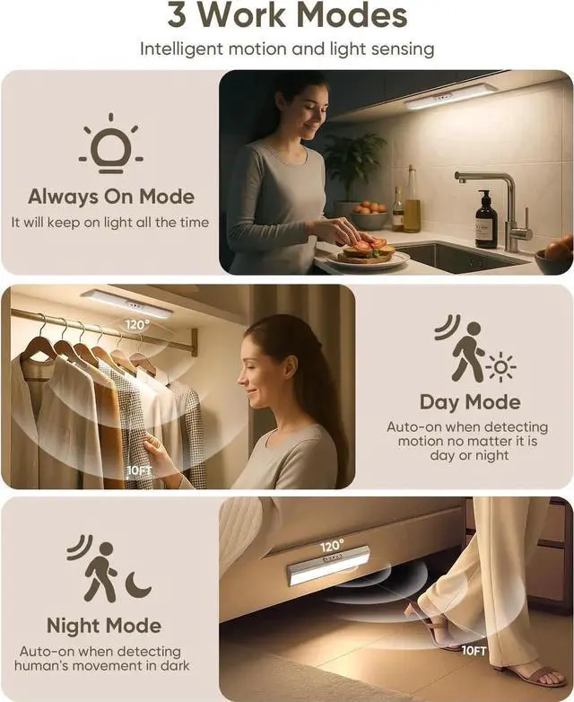 Alt view image 7 of 7 - Motion Sensor Closet Lights, Eye Protection Design Under Cabinet Lighting Wireless with Remote Control, 3 Color Temps & Dimm, Recharge Closet Lights for Kitchen, Wardrobe, Shelf, Pantry