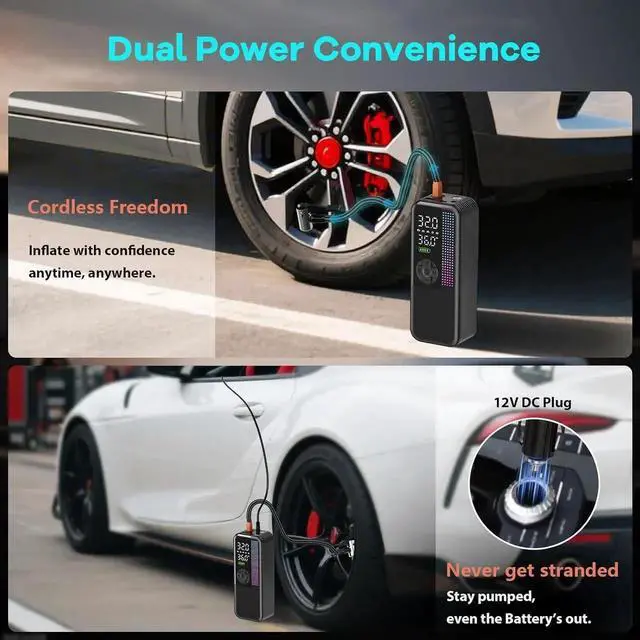 Alt view image 3 of 7 - Tire Inflator Portable Air Compressor, 150 PSI Cordless Air Pump, Dual Power 6000mAh, 12V DC Car Plug, Fast Inflation 24L/Min, Auto Shut-Off, LED Light, 4 Preset Modes for Car, Bike, Motorcycle, Balls