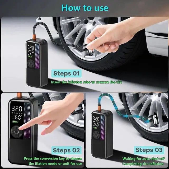 Alt view image 2 of 7 - Tire Inflator Portable Air Compressor, 150 PSI Cordless Air Pump, Dual Power 6000mAh, 12V DC Car Plug, Fast Inflation 24L/Min, Auto Shut-Off, LED Light, 4 Preset Modes for Car, Bike, Motorcycle, Balls
