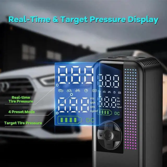 Alt view image 4 of 7 - Tire Inflator Portable Air Compressor, 150 PSI Cordless Air Pump, Dual Power 6000mAh, 12V DC Car Plug, Fast Inflation 24L/Min, Auto Shut-Off, LED Light, 4 Preset Modes for Car, Bike, Motorcycle, Balls