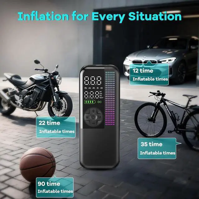 Alt view image 7 of 7 - Tire Inflator Portable Air Compressor, 150 PSI Cordless Air Pump, Dual Power 6000mAh, 12V DC Car Plug, Fast Inflation 24L/Min, Auto Shut-Off, LED Light, 4 Preset Modes for Car, Bike, Motorcycle, Balls