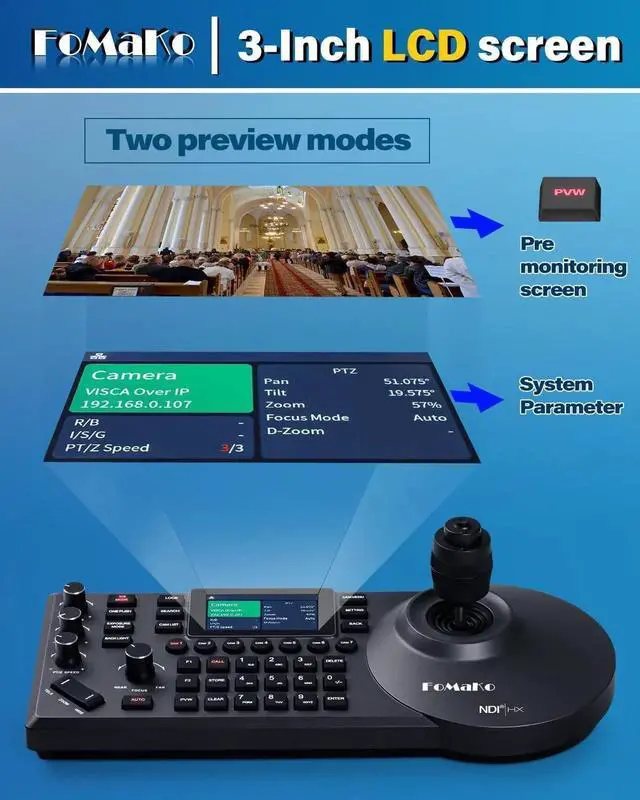 Alt view image 7 of 7 - KC608 Pro NDI PTZ Camera Controller (Black) PoE Powered, Built-in LCD Preview, 4D Precision Joystick, NDI Technology, Ergonomic Wrist Rest Design, for Church Live Streaming & Education.