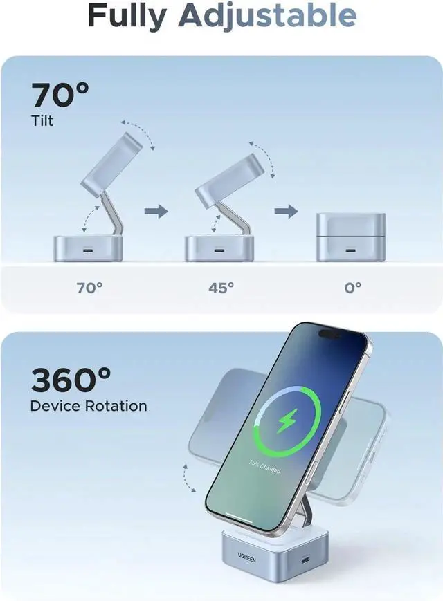 Alt view image 6 of 6 - 25W Magflow Wireless Charger 2-in-1 Masafe Charging Station for iPhone 16/15/14/13/12 Pro Max, Fast Qi2 Certified Foldable Stand with USB-C Port, Compatible with AirPods, Dual Device Charging