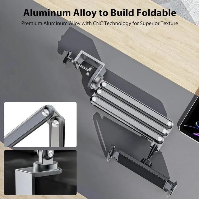 Alt view image 2 of 7 - Tablet Stand for Desk, Aluminum Alloy Foldable Arm Mount Holder Compatible with iPad 10/9th, Pro Air 13/11inch (2024), Mini, Samsung Galaxy Tab & More 7-15.6'' Portable Monitor Gray -