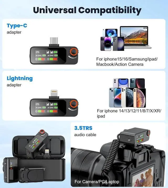 Alt view image 4 of 7 - Wireless Lavalier Microphone for iPhone/Android/Camera/PC,AI Noise Canceling Clip-On Mic with Charging Case- Magnetic Dual Mics for Podcast, Vlog, Interview & Video Recording 492Ft Range