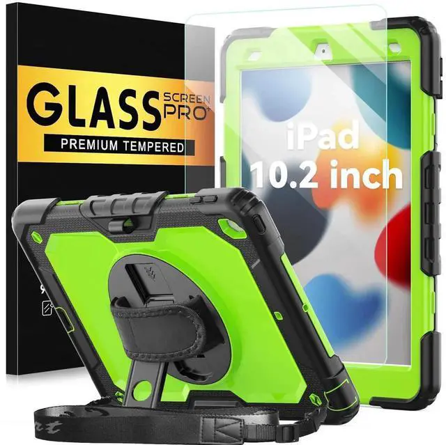Main image of BLOSOMEET Case for iPad 9th/8th/7th Generation 2021/2020/2019 10.2 Inch with Tempered Glass Screen Protector & Pencil Holder,Protective Kids iPad 10.2 Case Cover w/Stand Hand Shoulder Strap,Green