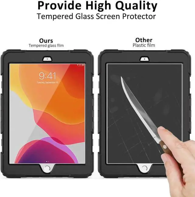 Alt view image 3 of 5 - BLOSOMEET Case for iPad 9th/8th/7th Generation 2021/2020/2019 10.2 Inch with Tempered Glass Screen Protector & Pencil Holder,Protective Kids iPad 10.2 Case Cover w/Stand Hand Shoulder Strap,Green