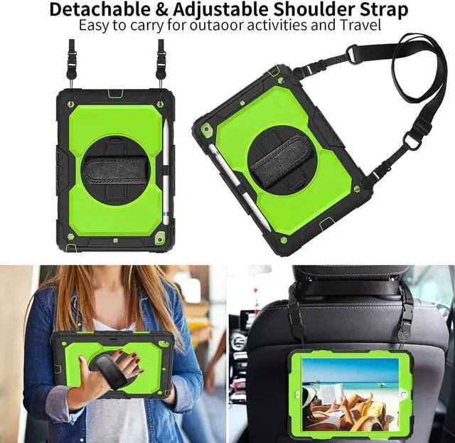 Alt view image 2 of 5 - BLOSOMEET Case for iPad 9th/8th/7th Generation 2021/2020/2019 10.2 Inch with Tempered Glass Screen Protector & Pencil Holder,Protective Kids iPad 10.2 Case Cover w/Stand Hand Shoulder Strap,Green