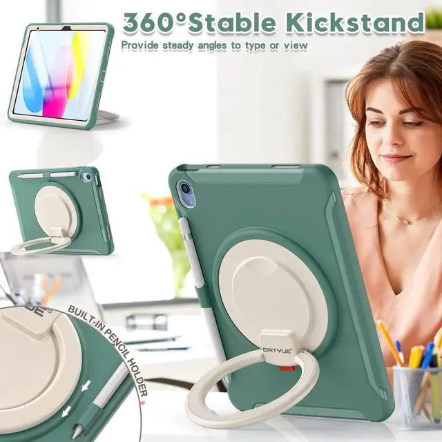 Alt view image 2 of 5 - BATYUE Case for iPad (A16) 11th/10th Generation 10.9'' inch 2025/2022, Rugged Protective Shockproof Cover for Kids Girls with Screen Protector, 360° Rotating Stand, Pencil Holder, Emerald Green