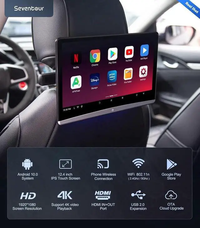 Alt view image 3 of 3 - 12.4" Android 4K Portable TV for Cars,Car Headrest Monitor Tablet for Back seat, Support Phone Wireless Mirror Link Touchscreen Monitors,with WiFi/Bluetooth/HDMI/USB/Airplay Video Player