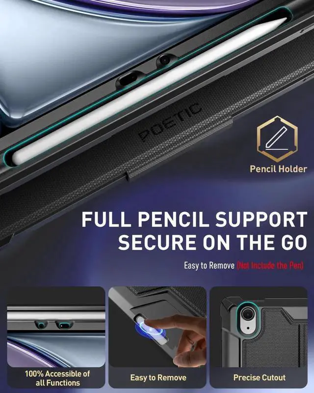 Alt view image 2 of 4 - Poetic Explorer Case for iPad Air 11 inch M3 2025 / M2 2024, Full Body Tough Stand Folio Cover with Pencil Holder, Built-in Screen Protector for iPad Air 7th/6th/5th/4th Gen (2024/2022/2020), Black