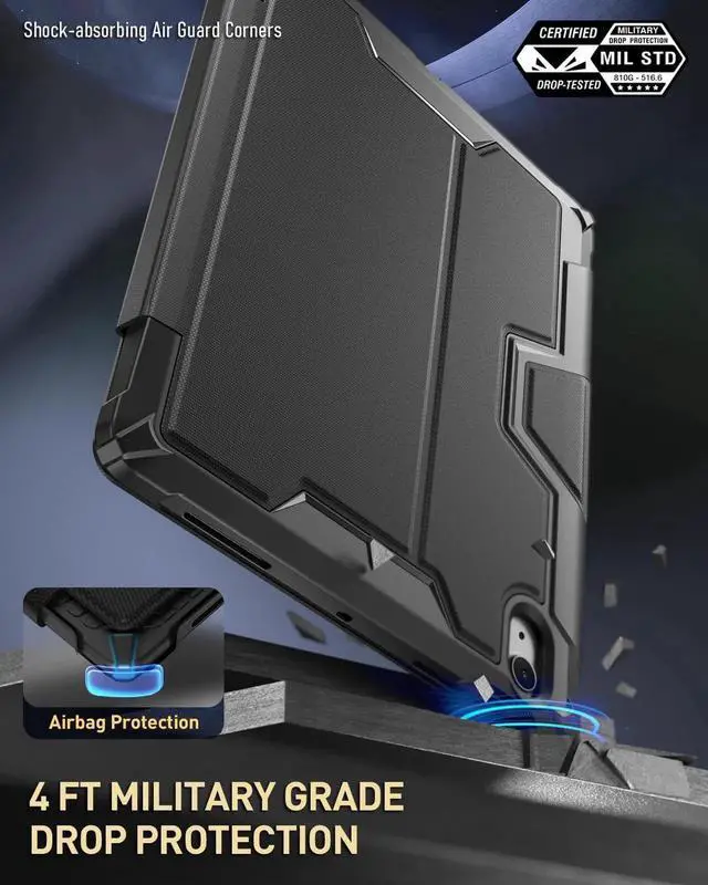 Main image of Poetic Explorer Case for iPad Air 11 inch M3 2025 / M2 2024, Full Body Tough Stand Folio Cover with Pencil Holder, Built-in Screen Protector for iPad Air 7th/6th/5th/4th Gen (2024/2022/2020), Black