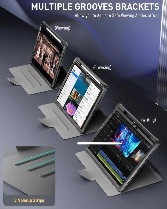 Alt view image 3 of 4 - Poetic Explorer Case for iPad Air 11 inch M3 2025 / M2 2024, Full Body Tough Stand Folio Cover with Pencil Holder, Built-in Screen Protector for iPad Air 7th/6th/5th/4th Gen (2024/2022/2020), Black