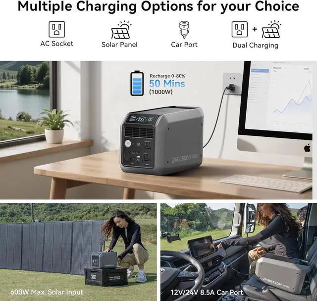 Alt view image 3 of 7 - Solar Generator 1000L, 1008Wh Semi-Solid LiFePO4, 1200W AC Output/100W USB-C, 1600W Power Boost, 1.3X Longer Runtime, 0-80% in 50 Min, Portable Power Station for Home Backup/Camping/RV