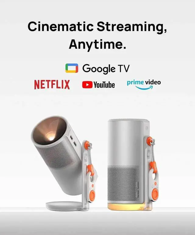 Alt view image 4 of 6 - MoGo 4 2025 NEW Portable Projector, Google TV with Licensed Netflix, 360° Adjustable Stand, 2.5 Hours of Playtime, 2 x 6W Harman Kardon, Outdoor Projector, Wifi, Bluetooth, Include Sunset Filter