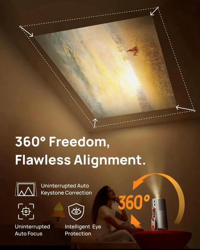 Alt view image 5 of 6 - MoGo 4 2025 NEW Portable Projector, Google TV with Licensed Netflix, 360° Adjustable Stand, 2.5 Hours of Playtime, 2 x 6W Harman Kardon, Outdoor Projector, Wifi, Bluetooth, Include Sunset Filter