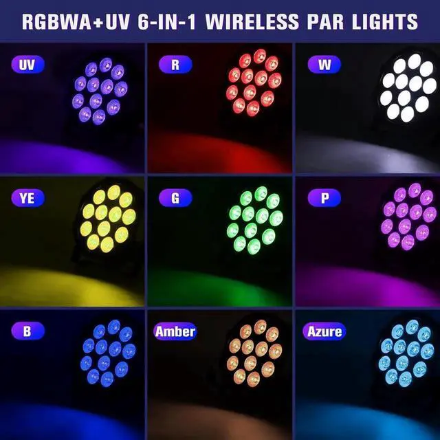 Alt view image 5 of 6 - Rechargeable Par Lights Uplights RGBWA+UV 6-in-1 LED Battery Powered Stage Lights with Remote & DMX Control, Sound Activated for Festivals, Weddings, Bars, Churches, DJ