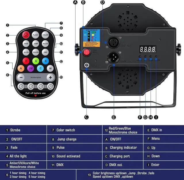 Alt view image 2 of 6 - Rechargeable Par Lights Uplights RGBWA+UV 6-in-1 LED Battery Powered Stage Lights with Remote & DMX Control, Sound Activated for Festivals, Weddings, Bars, Churches, DJ