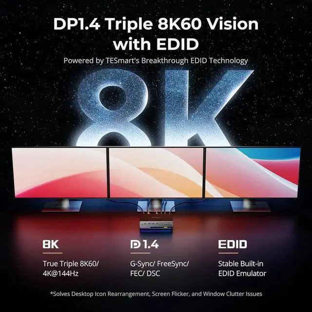 Alt view image 5 of 7 - 8K@60Hz DP KVM Switch 3 Monitors 2 Computers USB 3.0, KVM Switch Triple Monitor 2 Computers DisplayPort 1.4, Support EDID, 1G Ethernet, Hotkey Switch, 4K@144Hz 2K@144Hz for Gaming&Home Office