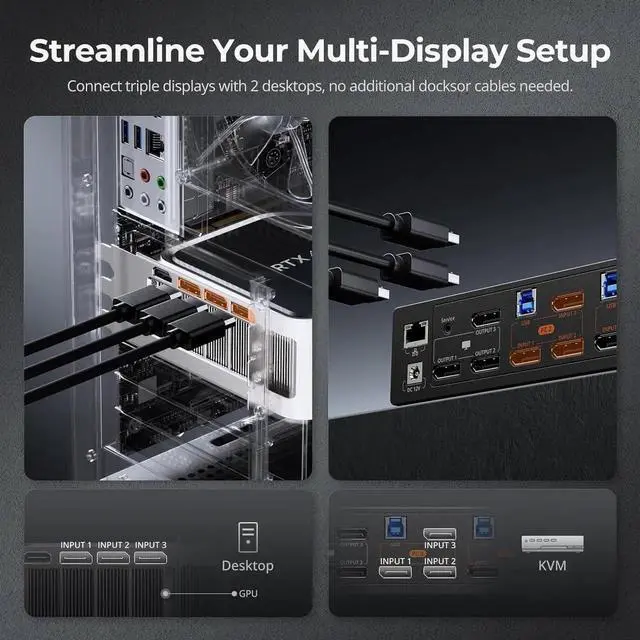 Alt view image 7 of 7 - 8K@60Hz DP KVM Switch 3 Monitors 2 Computers USB 3.0, KVM Switch Triple Monitor 2 Computers DisplayPort 1.4, Support EDID, 1G Ethernet, Hotkey Switch, 4K@144Hz 2K@144Hz for Gaming&Home Office