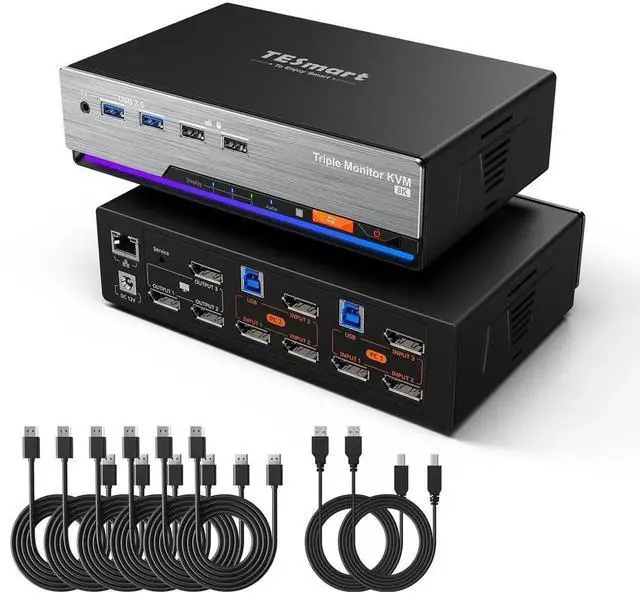 Main image of 8K@60Hz DP KVM Switch 3 Monitors 2 Computers USB 3.0, KVM Switch Triple Monitor 2 Computers DisplayPort 1.4, Support EDID, 1G Ethernet, Hotkey Switch, 4K@144Hz 2K@144Hz for Gaming&Home Office